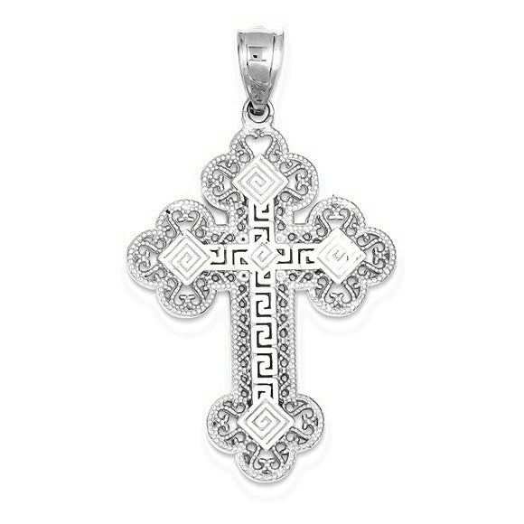 Budded Greek Key Cross Pendant - Silver/Stainless