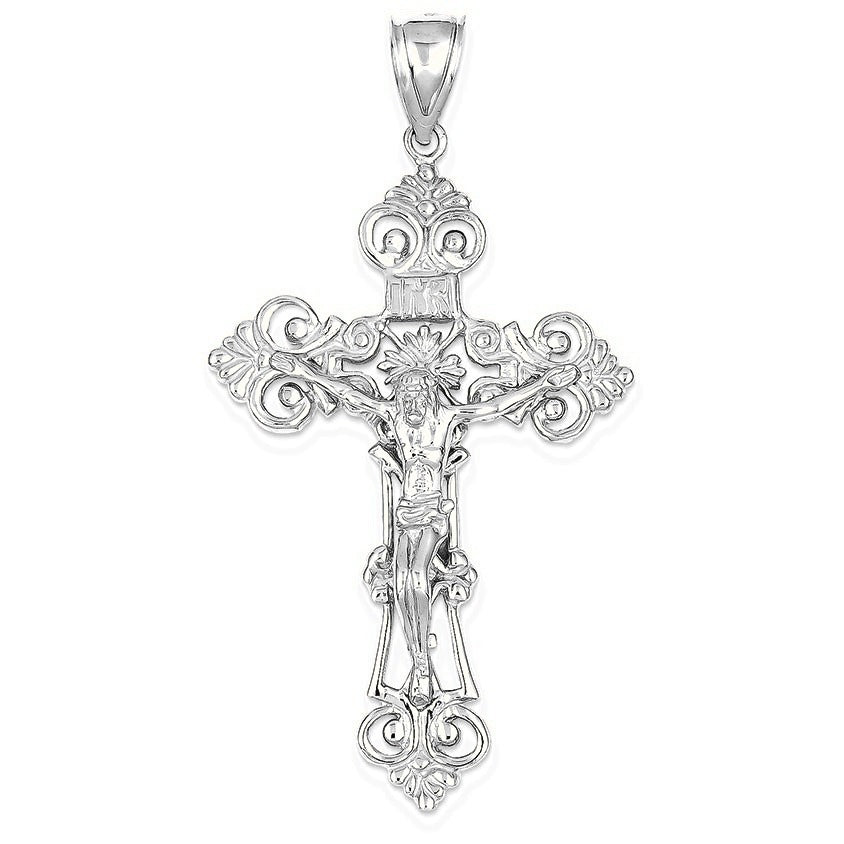 INRI Fleur De Lis Crucifix Pendant - Silver/Stainless