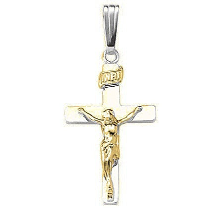 Gold Solid Crucifix Pendant - Gold with Silver Accents