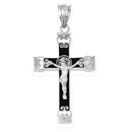 w/Rhodium Enameled Crucifix Pendant - Silver/Stainless