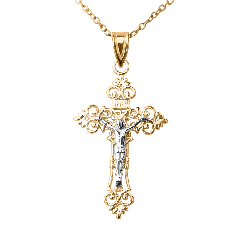 14K Two-tone Medium Lacey-edged INRI Crucifix Pendant