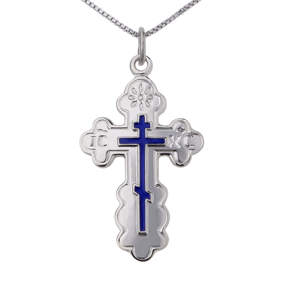 Sterling Silver Eastern Orthodox Blue Enamel Cross Pendant