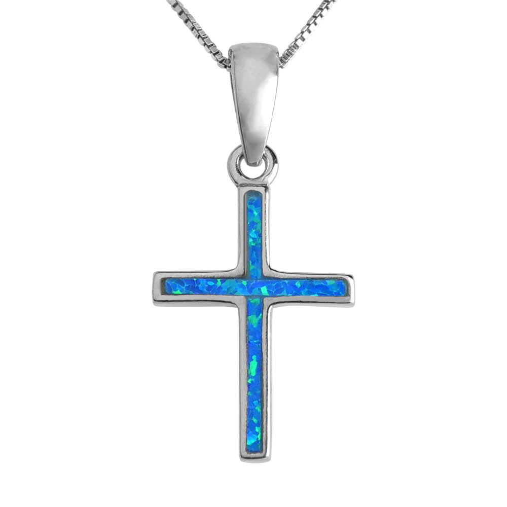 Sterling Silver Blue Inlay Created Opal Thin Cross Pendant