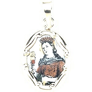and Porcelain Saint Barbara Religious Medal - Silver