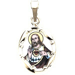 and Porcelain Sacred Heart Religious Medal - Silver