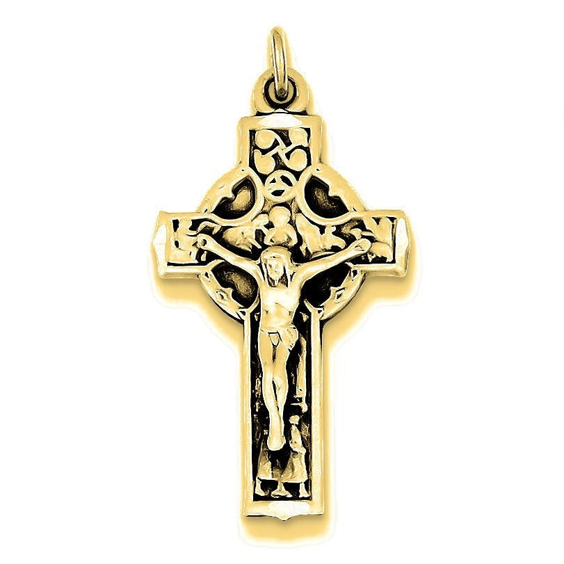 Antiqued Satin Irish Crucifix Cross Pendant - Gold