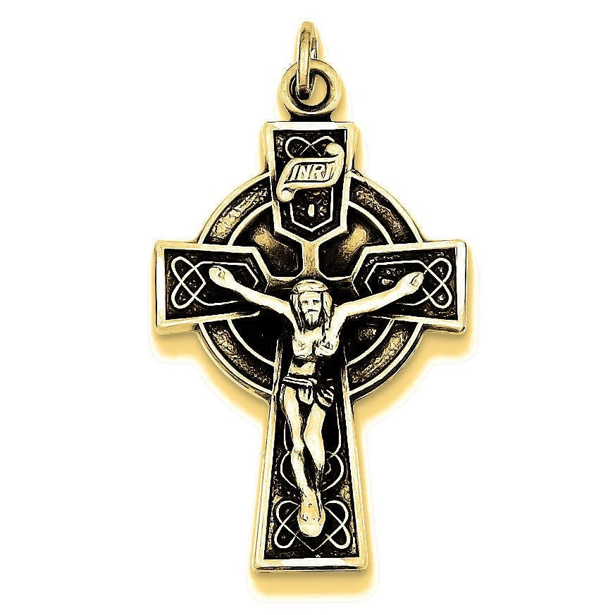 Antiqued Satin Irish Crucifix Cross Pendant - Gold