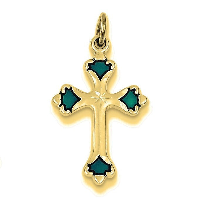 Blue Enameled Budded Cross Charm - Gold