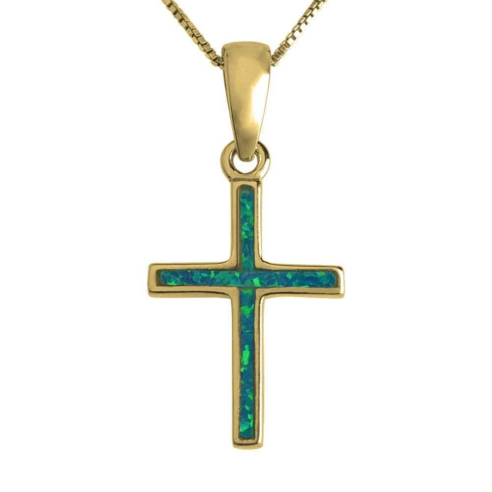 Blue Inlay Created Opal Thin Cross Pendant - Gold