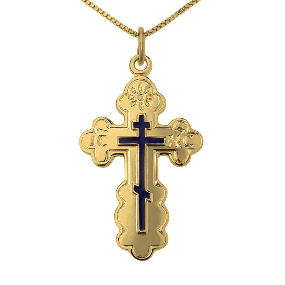 Eastern Orthodox Blue Enamel Cross Pendant - Gold