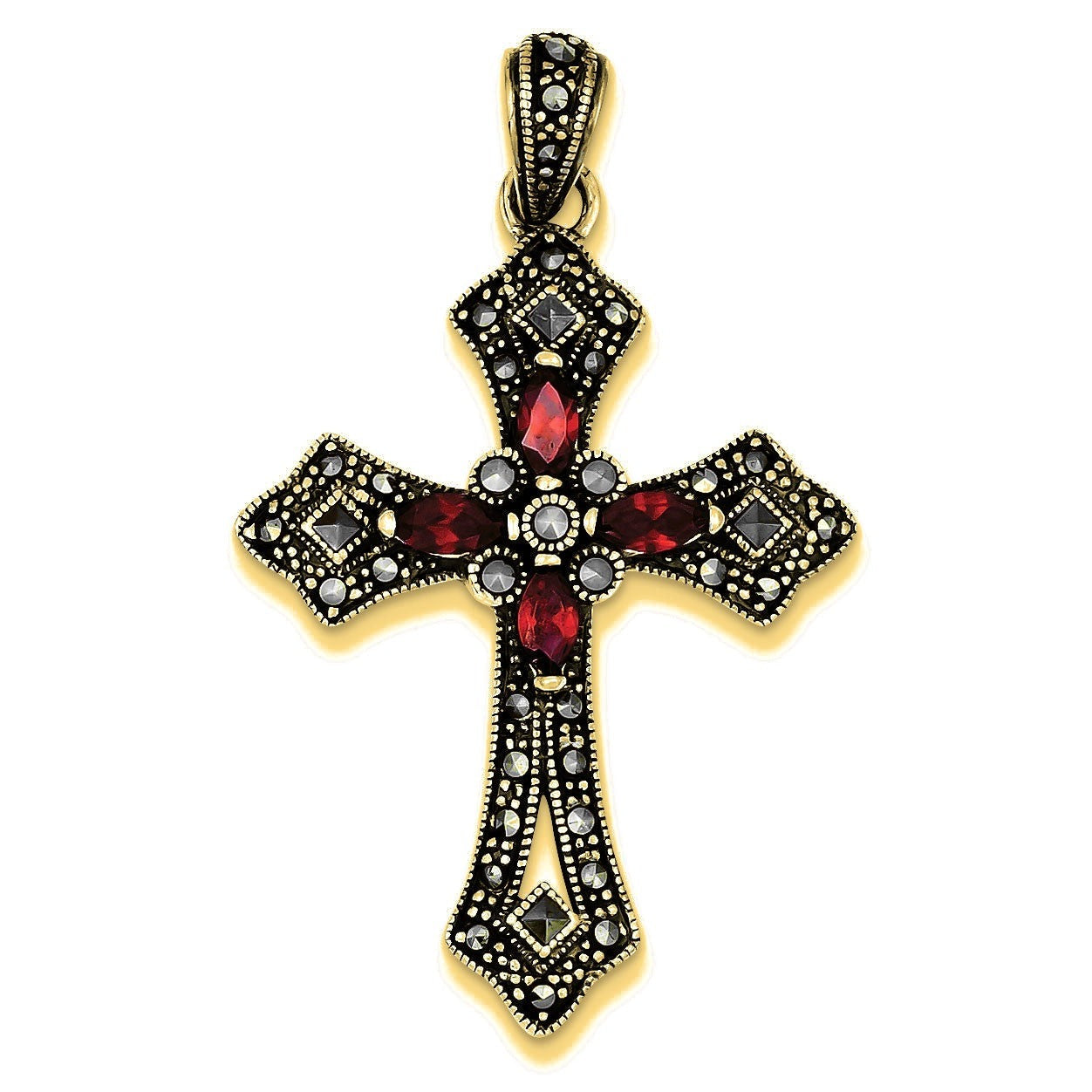 Red CZ & Marcasite Cross Pendant - Gold with Silver Accents