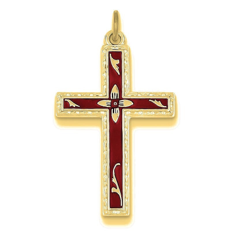 Red Enameled Cross Pendant - Gold with Silver Accents