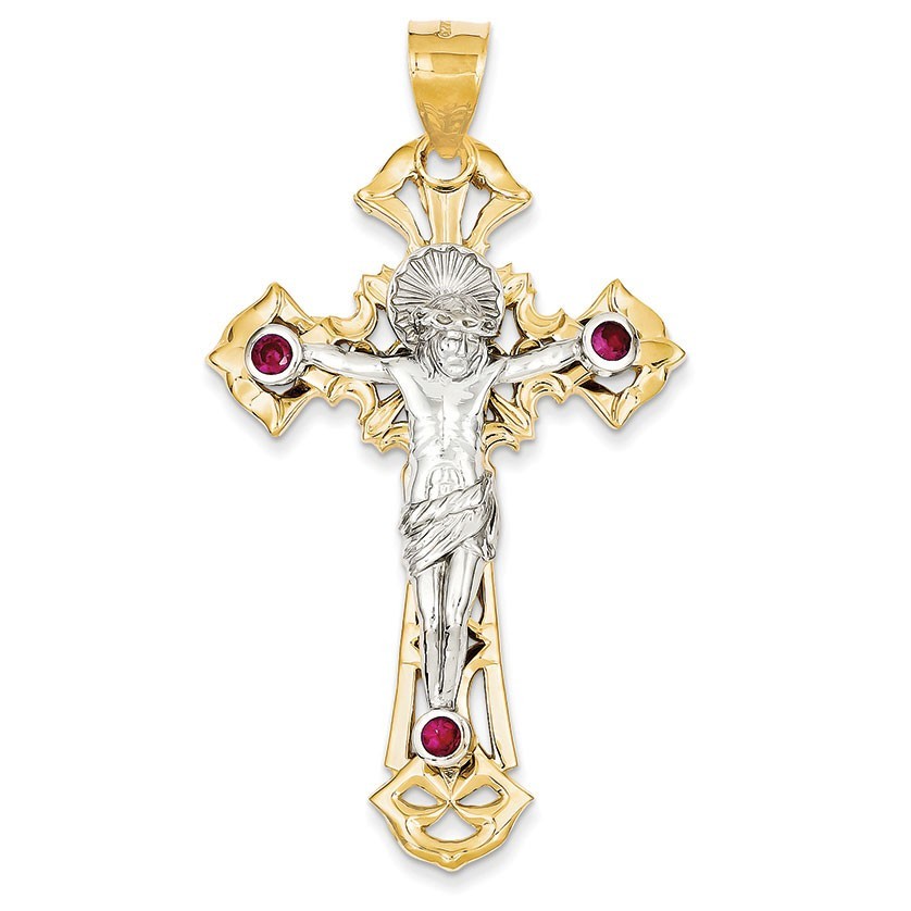 14k Two-tone Polished with Red CZs Crucifix Pendant
