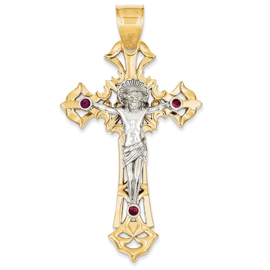 14k Two-tone Polished with Red CZs Crucifix Pendant