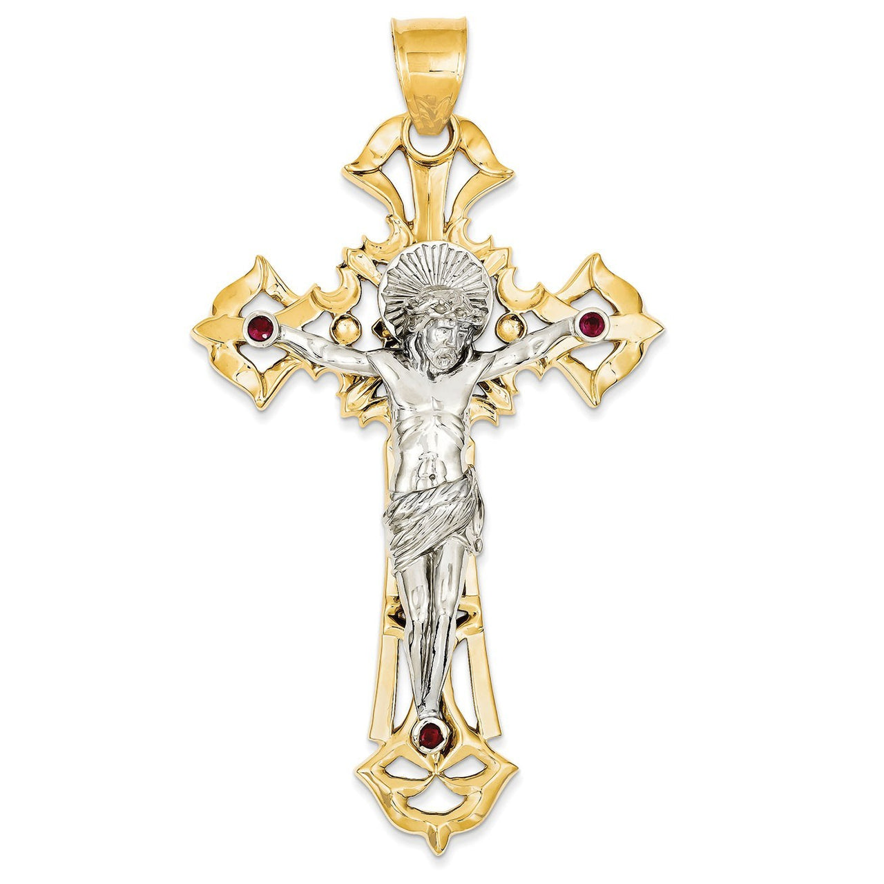 14k Two-tone Polished with Red CZs Crucifix Pendant