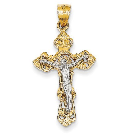 14k Two-tone INRI Fleur De Lis Crucifix Pendant