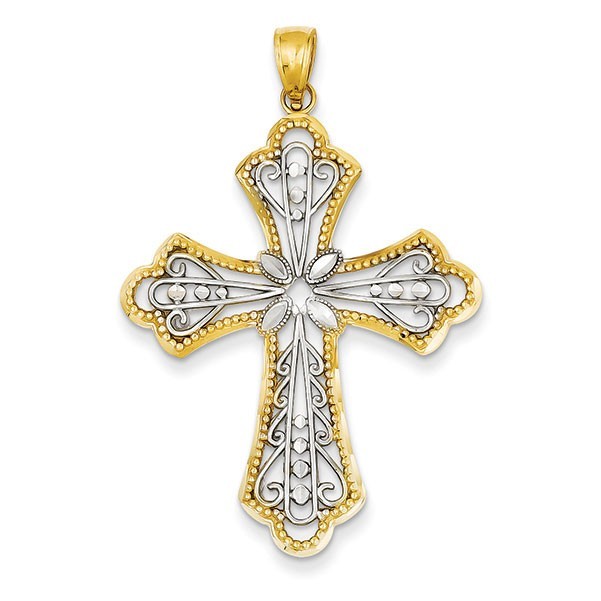 14K w/Rhodium Diamond-cut Filigree Cut-out Cross Pendant