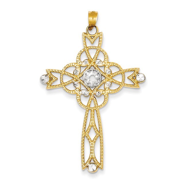 14K w/Rhodium Diamond-cut Beaded Trim Infinity Cross Pendant