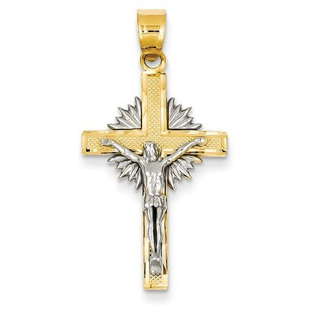 14K Two-tone Medium Diamond-cut Crucifix w/Sunrays Pendant