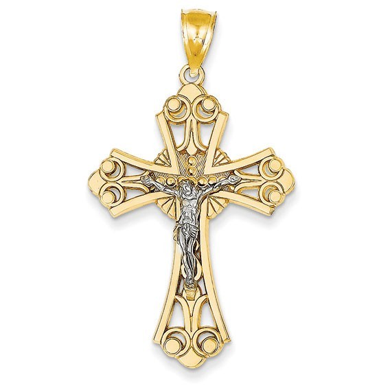 14K Two-tone Sunburst Center Budded Crucifix Pendant
