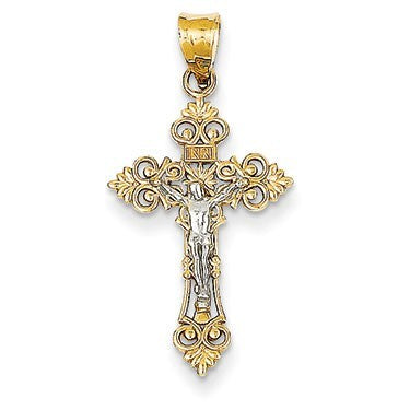 14K Two-tone Small Lacey-edged INRI Crucifix Pendant