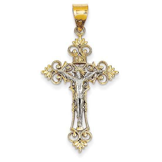 14K Two-tone Large Lacey-edged INRI Crucifix Pendant