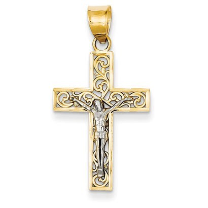 14K Two-tone D/C Small Block Filigree Cross w/Crucifix Pendant
