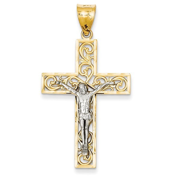 14K Two-tone D/C Large Block Filigree Cross w/Crucifix Pendant