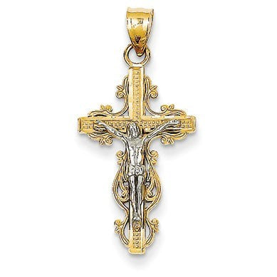 14K Two-tone Small Narrow Cross w/Crucifix Pendant