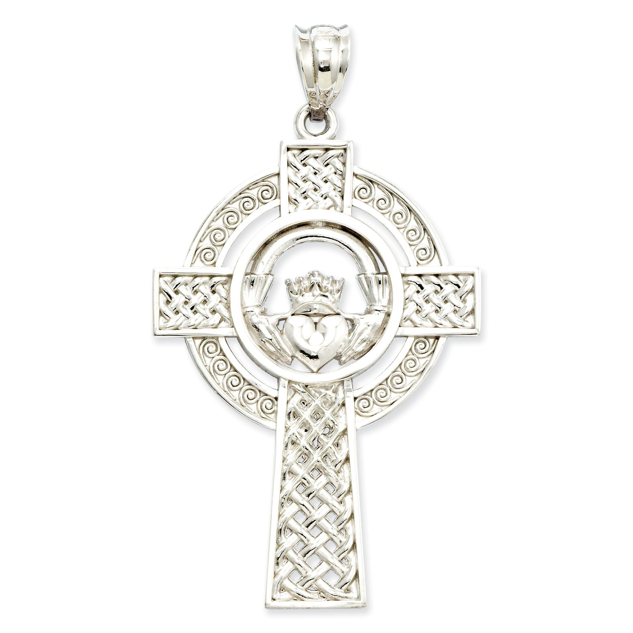 14k White Gold Celtic Claddagh Cross Pendant