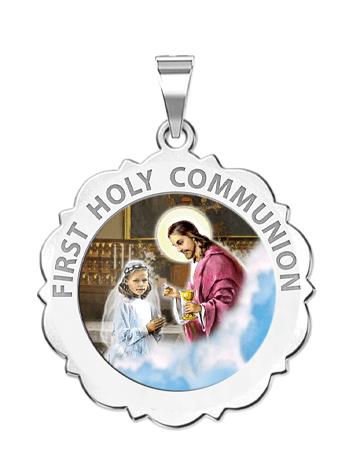 First Holy Communion Medal Scalloped Round (Girl) "Color"