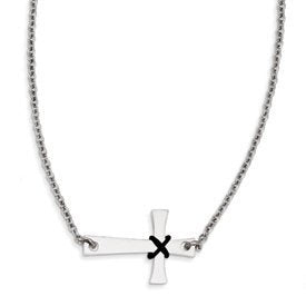 Stainless Steel Sideways Cross with Rubber Accent Necklace