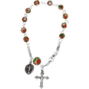 Sterling Silver Red Cloisonne Round Rosary Bracelet