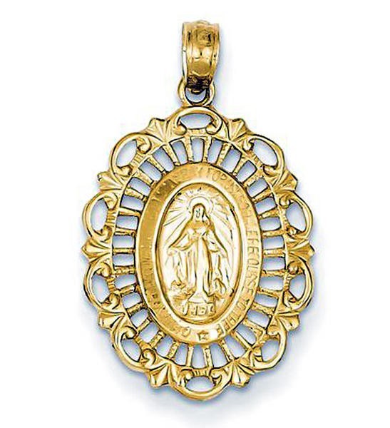 14K Yellow Gold Medium Scalloped Oval Miraculous Medal Cut-Out Pendant