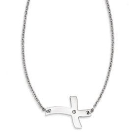 Stainless Steel Fancy Sideways Cross with CZ Necklace