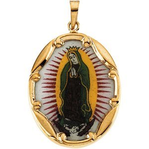 14K Gold and Porcelain Our Lady of Guadalupe Religious Medal