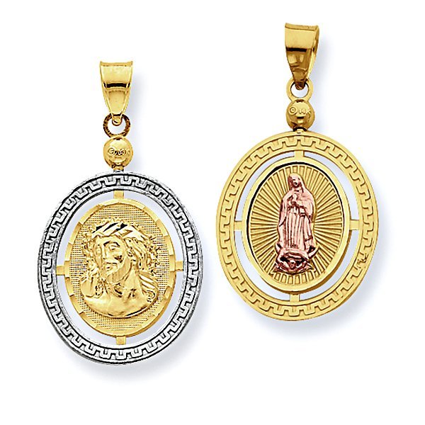 14K Tri-Color Ecce Homo / Our Lady Guadalupe Oval w/ Greek Key Border