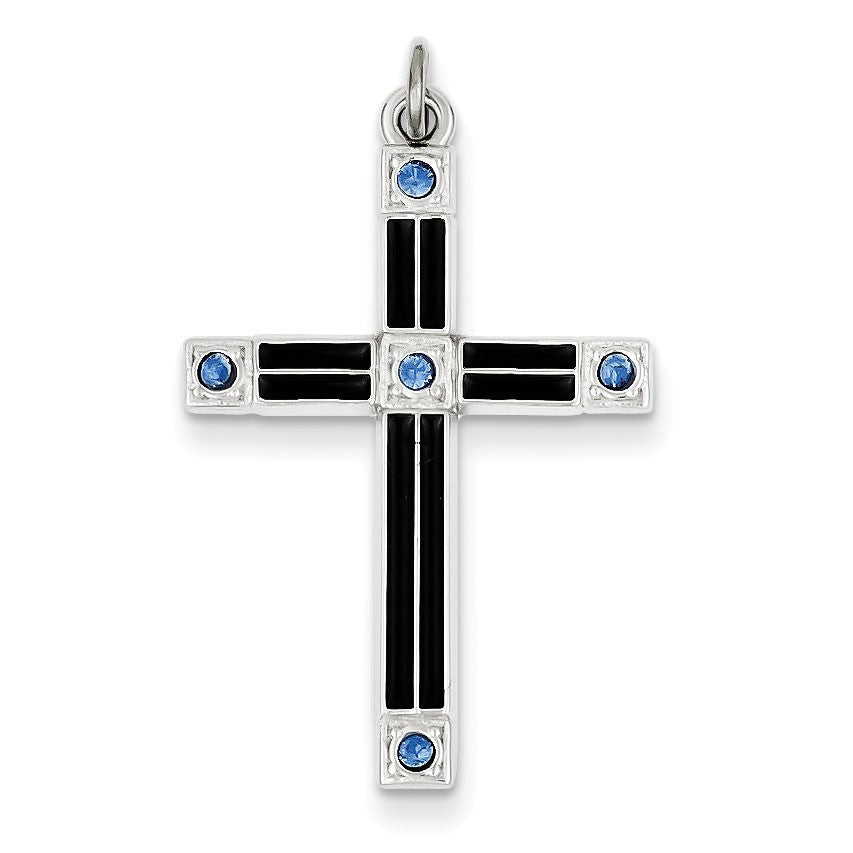 Sterling Silver Enameled & Blue CZ Cross Pendant