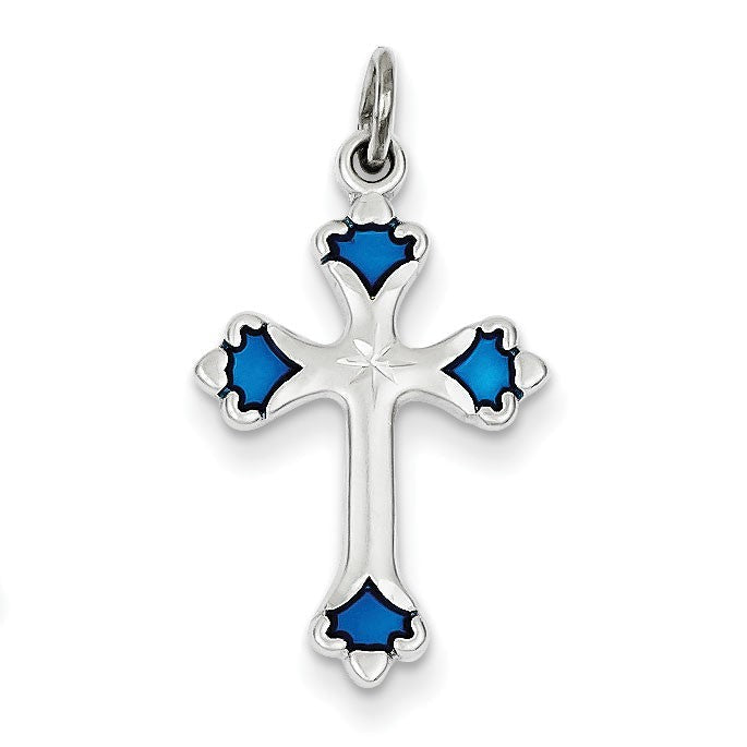 Sterling Silver Blue Enameled Budded Cross Charm