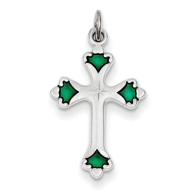 Sterling Silver Green Enameled Budded Cross Charm