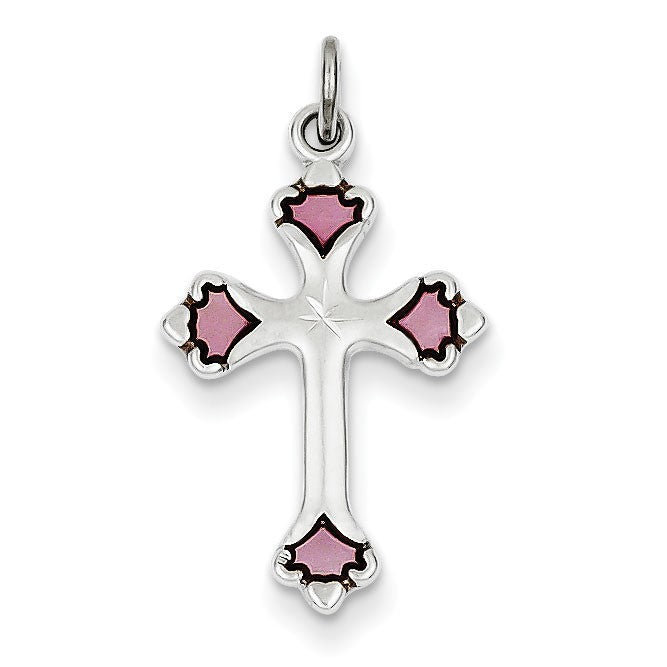 Sterling Silver Pink Enameled Budded Cross Charm