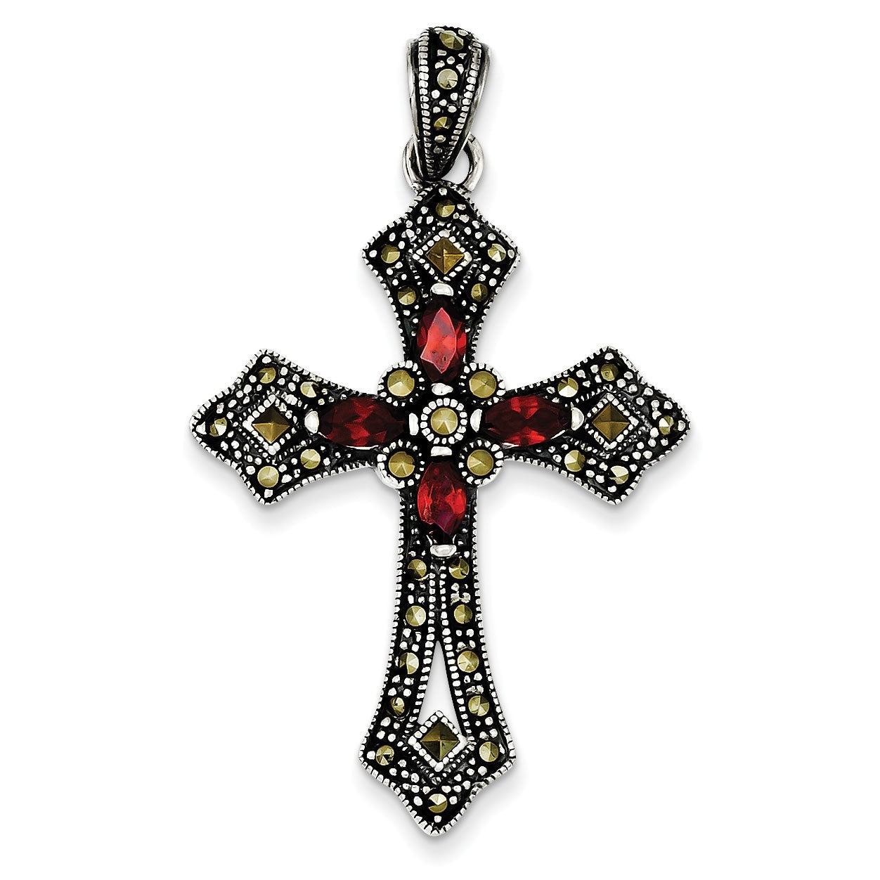 Sterling Silver Red CZ & Marcasite Cross Pendant