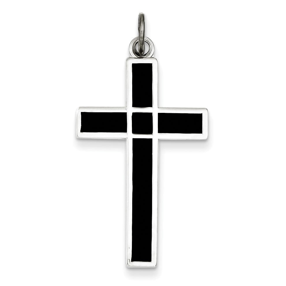 Sterling Silver Brushed & Polished Enamel Black Cross Pendant