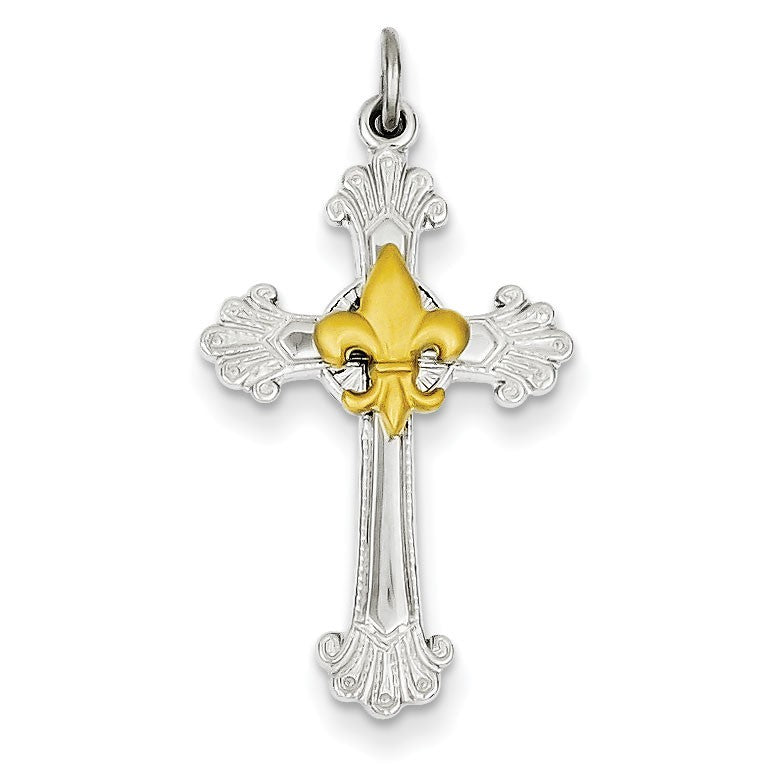 Sterling Silver & Gold Plated Cross & Fleur de lis Pendant