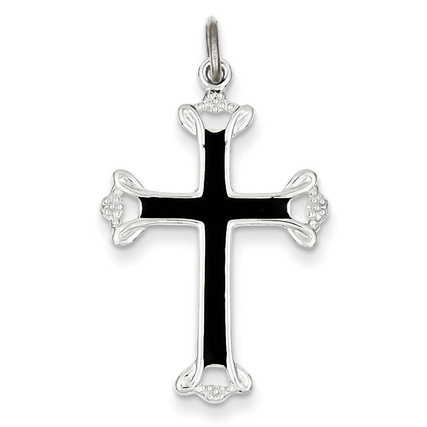 Sterling Silver Polished Black Enamel Budded Cross Pendant