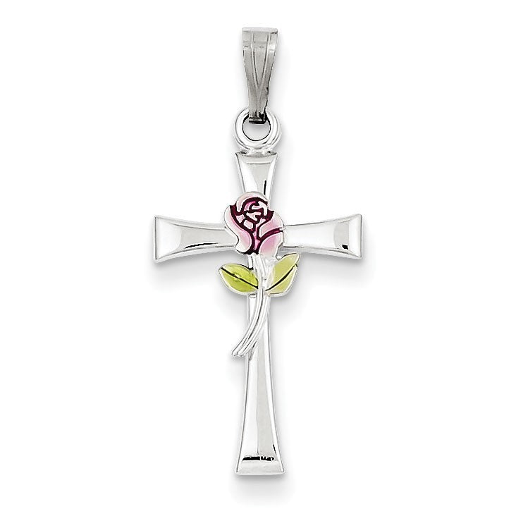 Sterling Silver Cross with Epoxy Rose Center Pendant