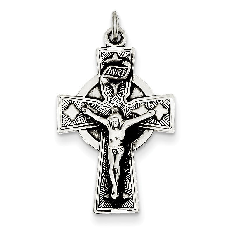 Sterling Silver Antiqued Satin Irish Crucifix Cross Pendant