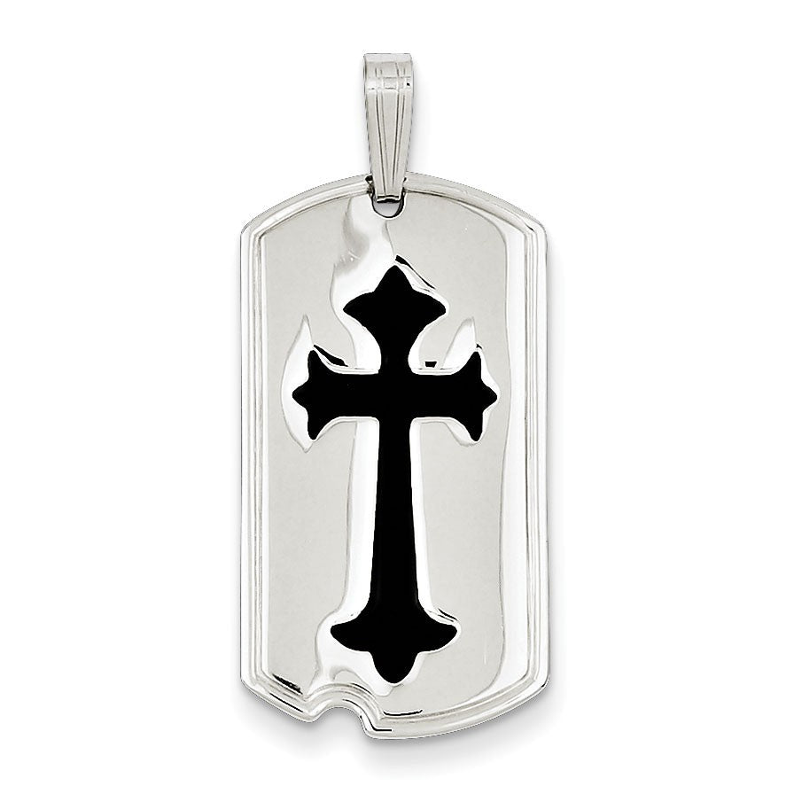 Sterling Silver Polished with Black Epoxy Cross Dog Tag Pendant