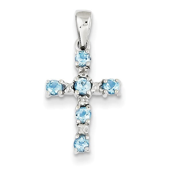 Sterling Silver Rhodium Lt Sw Blue Topaz Cross & Diamond Pendant