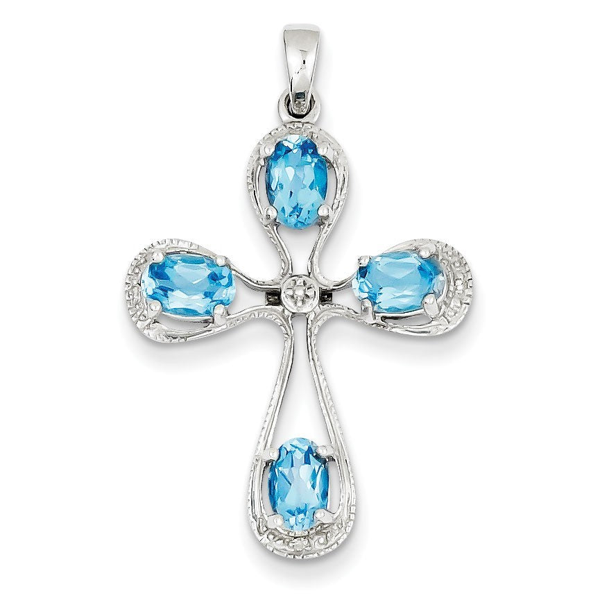 Sterling Silver Rhodium Lt Sw Blue Topaz Cross & Diamond Pendant